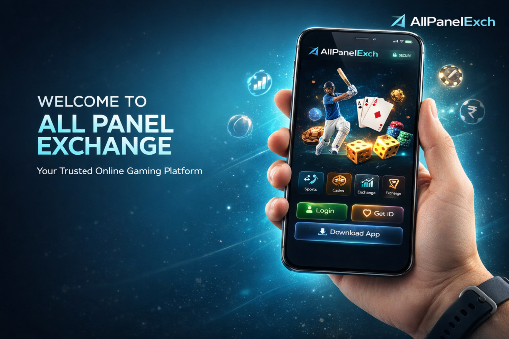 Welcome to All Panel Exchange displayed on a modern smartphone screen featuring a sleek dark-themed gaming dashboard with sports, casino elements, and interactive betting interface in a premium digital environment.