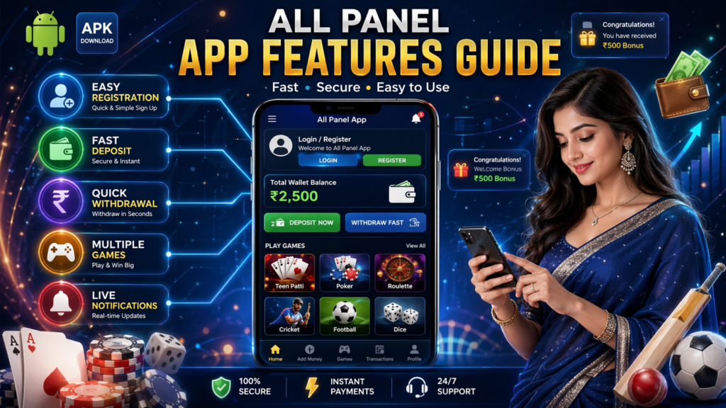 All Panel App features overview with mobile gaming interface
