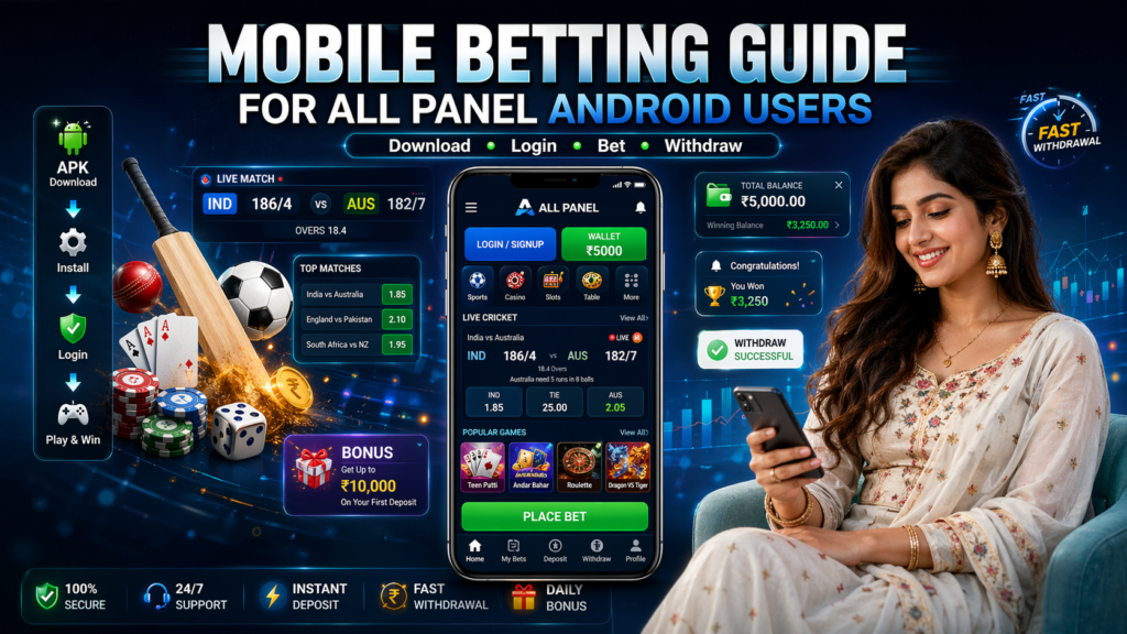 Mobile Betting Guide for All Panel Android Users showing AllPanelExch app interface, betting features, wallet options, and Android gaming experience