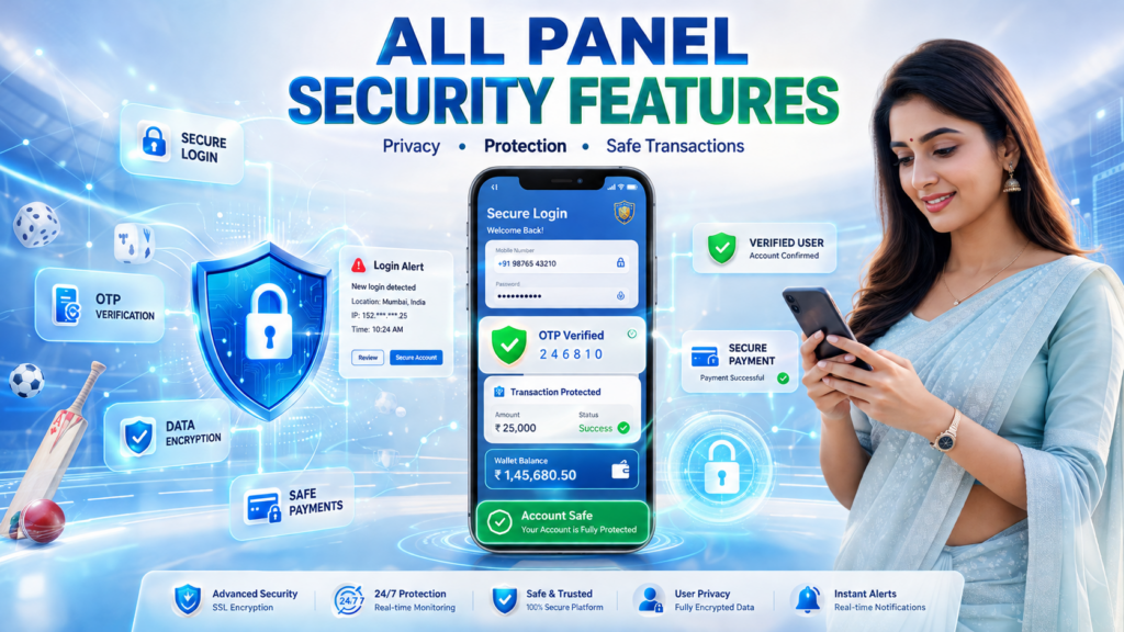 All Panel Security features illustration showing secure login, OTP verification, encrypted data protection, and safe payment methods on AllPanelExch platform
