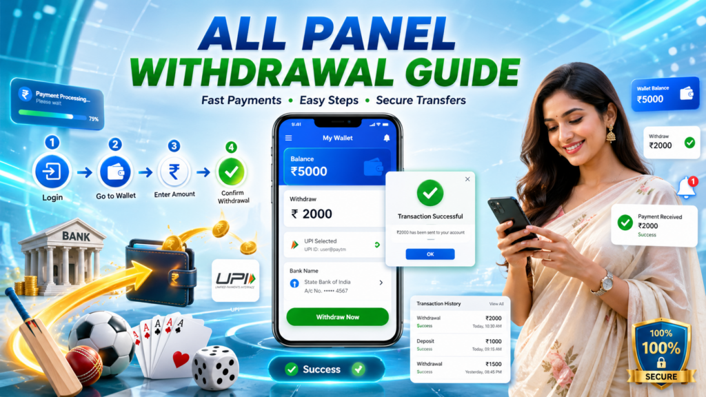 User withdrawing money from AllPanelExch wallet using UPI and bank transfer with fast and secure process illustration