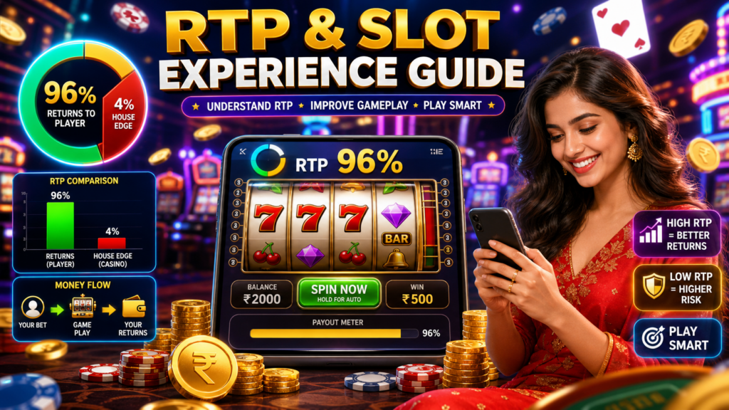 RTP concept in slot games showing payout percentage, slot machine interface, and player experience on AllPanelExch platform