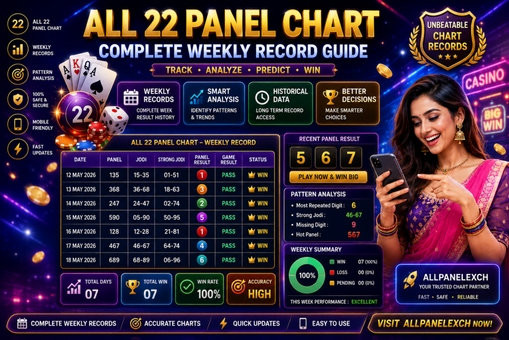 All 22 Panel Chart weekly records and historical result charts displayed on a mobile-friendly online gaming platform dashboard.