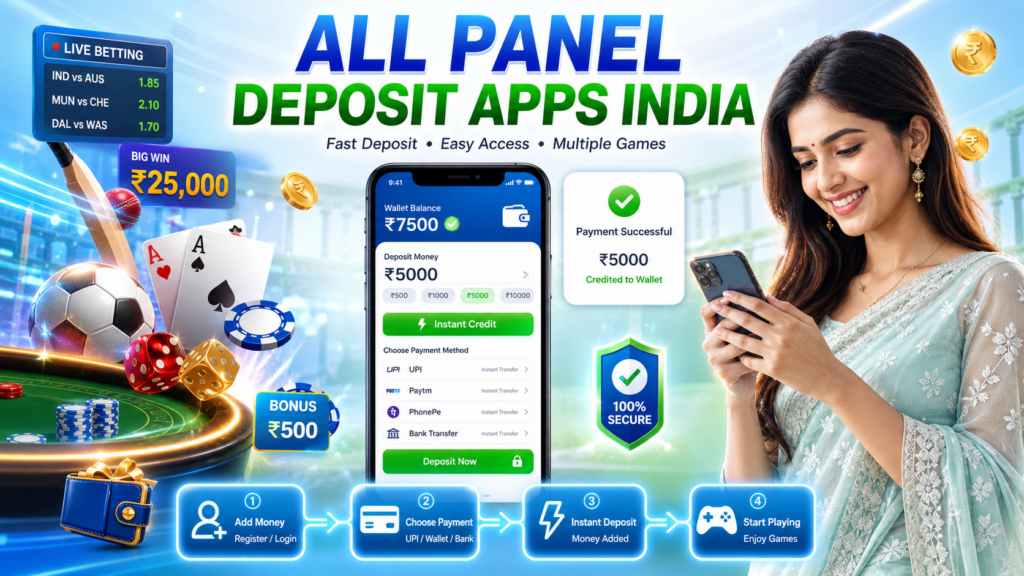 All Panel Deposit Apps India interface showing fast payment options, mobile gaming dashboard, and secure deposit system on AllPanelExch platform