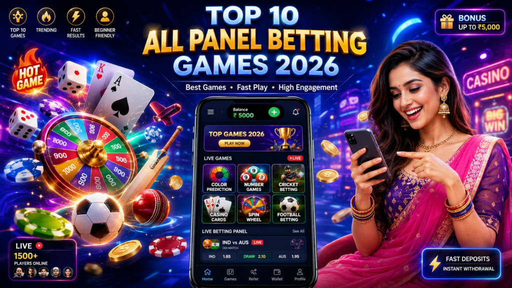Top 10 All Panel betting games in India for 2026 shown on a mobile-friendly AllPanelExch gaming interface with multiple popular game options.