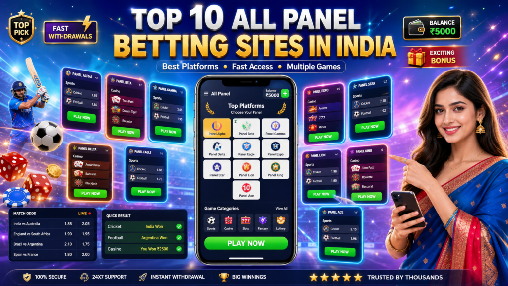 Top 10 All Panel betting sites in India displayed on a mobile-friendly online betting platform interface with multiple gaming and exchange options.