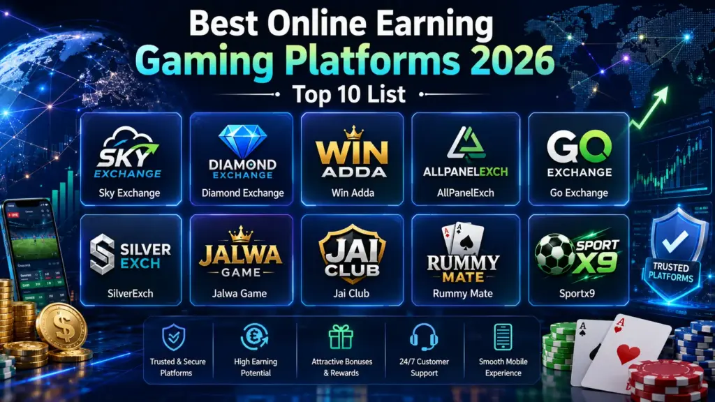 Top 10 online earning gaming platforms in 2026 including AllPanelExch, Go Exchange, Sky Exchange, Diamond Exchange, Win Adda, SilverExch, Jalwa Game, Jai Club, Rummy Mate, and Sportx9 showing mobile-friendly gaming and exchange-based earning systems.
